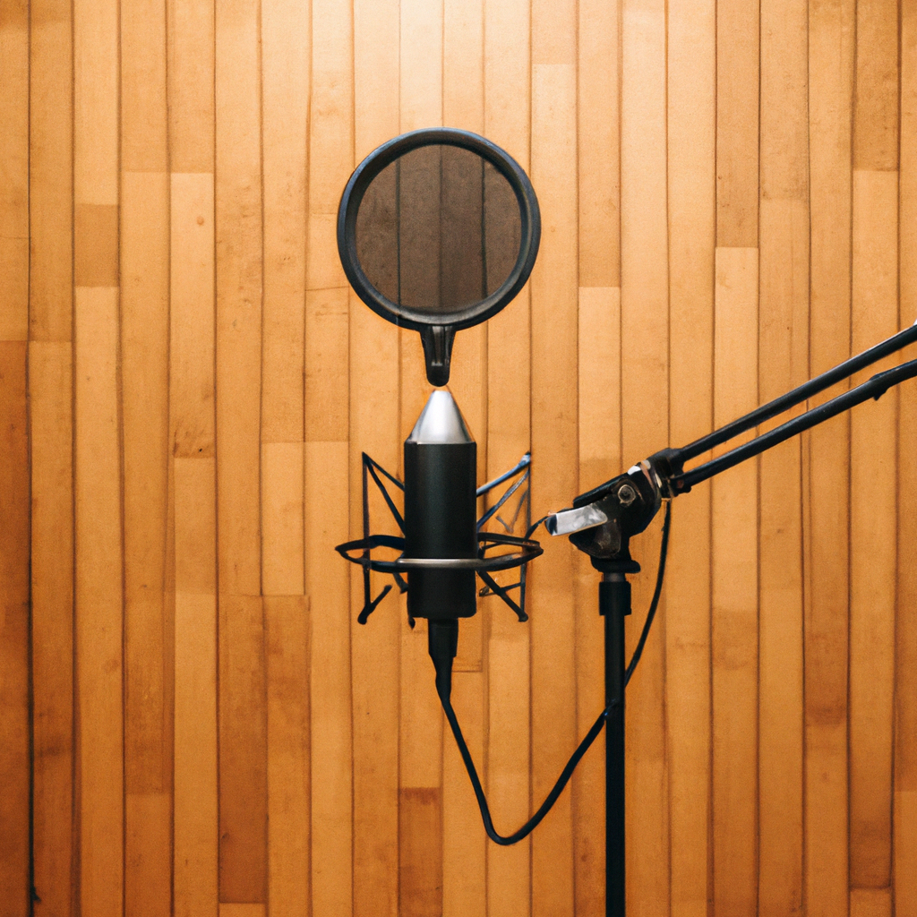 Minimalist podcast studio with acoustic wood slats, soft lighting, microphones and headphones arranged for two hosts.